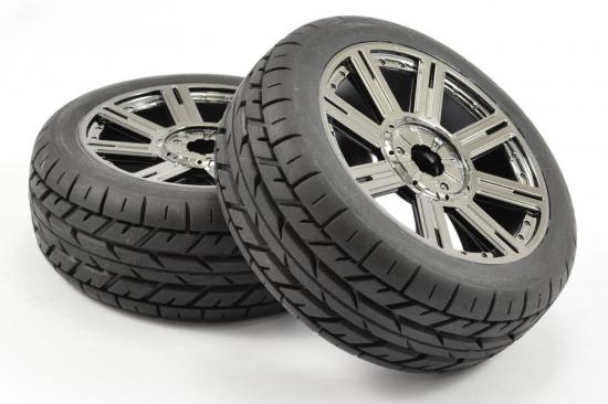 Fastrax 1:8 Eagle Road Tread Tyres Mounted on Black Chrome Wheels (2)
