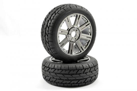 Fastrax 1:8 Eagle Road Tread Tyres Mounted on Black Chrome Wheels (2)