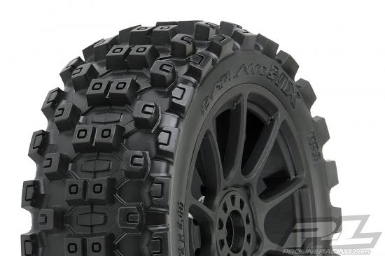 ProLine Badlands MX M2 Tyres Pre-Mounted on Mach 10 Black 1:8 Buggy Wheels (2)