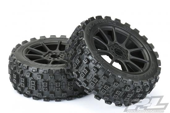 ProLine Badlands MX M2 Tyres Pre-Mounted on Mach 10 Black 1:8 Buggy Wheels (2)