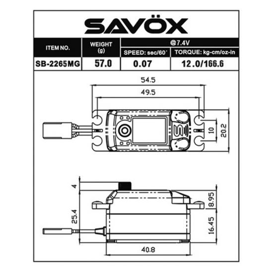 Savox Low Profile Brushless HV MG Servo - 12Kg - 0.08S - Black