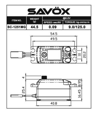 Savox SC1251MG Low Profile Metal Gear Black Edition Servo - 9.0Kg/cm - 0.09 Sec