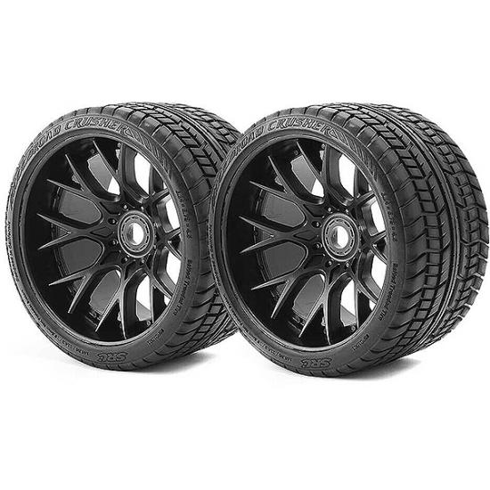 Sweep Road Crusher Belted Road Truggy/MT Tyres on Black 17mm Hex - 1/2 Inch Offset Wheels - 1 Pair