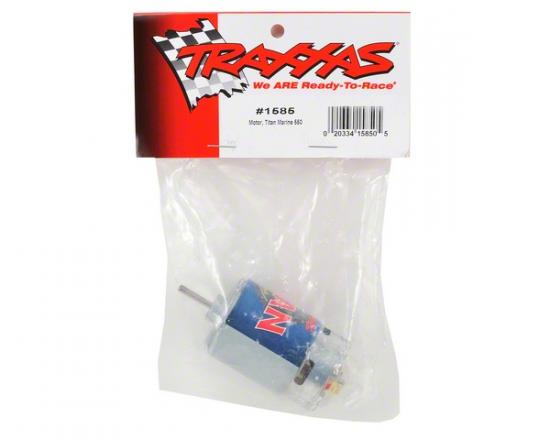 Traxxas Titan marine 550 motor fan-cooled 14 volts 24-turns. Includes motor capacitors. Does not include wires or connectors (requires soldering)