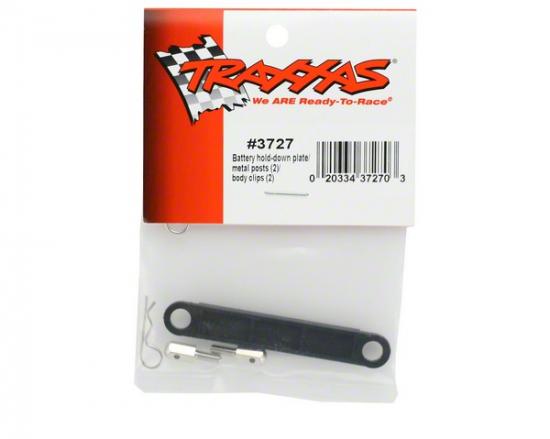 Traxxas Battery hold-down plate (black)/ metal posts (2)/body clips (2)