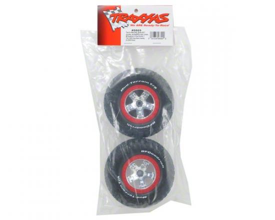 Traxxas Tires wheels assembled glued (SCT chrome red beadlock style wheels BFGoodrich Mud-Terrain T/A KM2 tires foam inserts) (2) (2WD front)