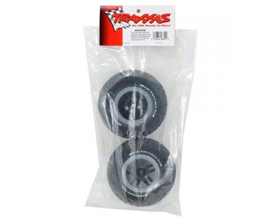 Traxxas Tires wheels assembled glued (SCT Split-Spoke black satin chrome beadlock wheels BFGoodrich Mud-Terrain T/A KM2 tires foam inserts) (2) (2WD Front)