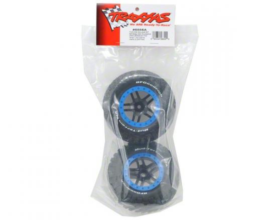 Traxxas Tire wheel assy glued (SCT Split-Spoke black blue beadlock wheels BFGoodrich Mud-Terrain T/A KM2 tires inserts) (2) (2WD Front)