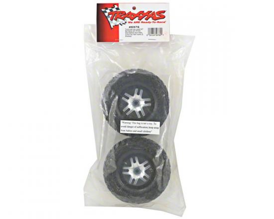 Traxxas Tires wheels assembled glued (SCT Split-Spoke satin chrome black beadlock style wheels dual profile (2.2 outer 3.0 inner) Kumho tires foam inserts) (2) (front/rear)