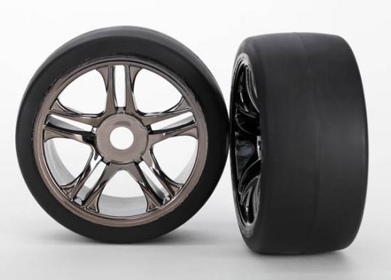 Traxxas XO-1 Rear S1 Tyres Pre Mounted on Split Spoke Black Chrome Wheels (1 Pair)