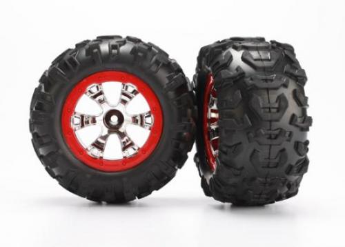 Traxxas Tires and wheels assembled glued (Geode chrome red beadlock style wheels Canyon AT tires foam inserts) (1 left 1 right)