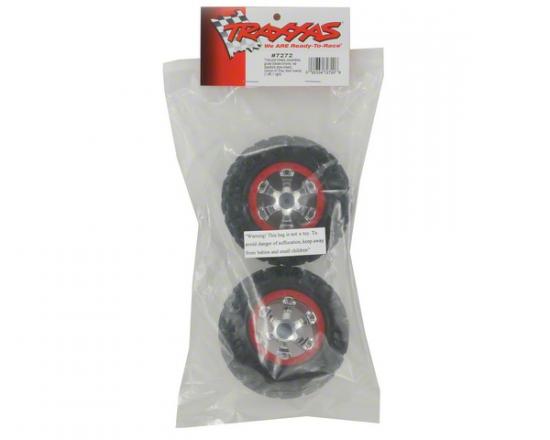 Traxxas Tires and wheels assembled glued (Geode chrome red beadlock style wheels Canyon AT tires foam inserts) (1 left 1 right)