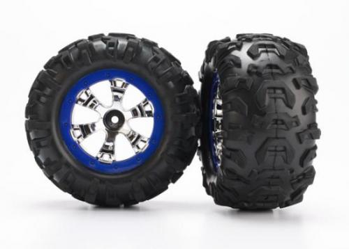 Traxxas Tires and wheels assembled glued (Geode chrome blue beadlock style wheels Canyon AT tires foam inserts) (1 left 1 right)