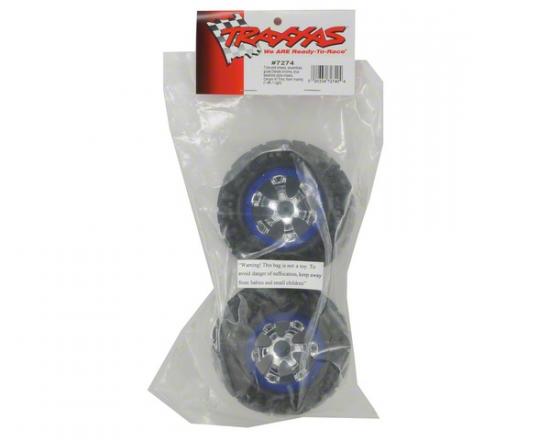 Traxxas Tires and wheels assembled glued (Geode chrome blue beadlock style wheels Canyon AT tires foam inserts) (1 left 1 right)