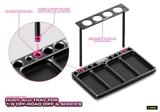 Hudy Aluminium Tray For 1:8 Off-Road Diff + Shocks