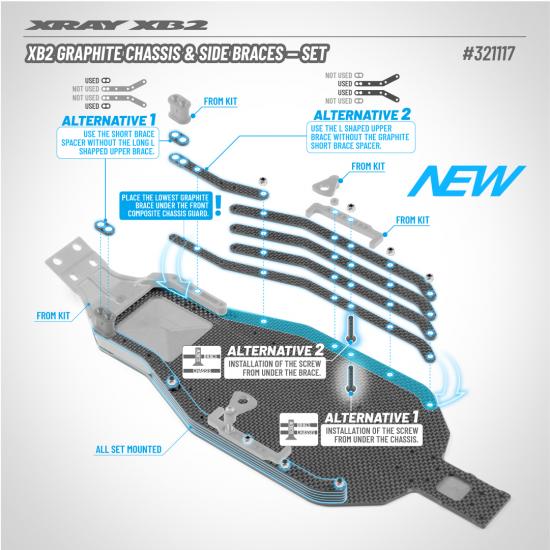 XRay XB2 Graphite Chassis And Side Braces - Set