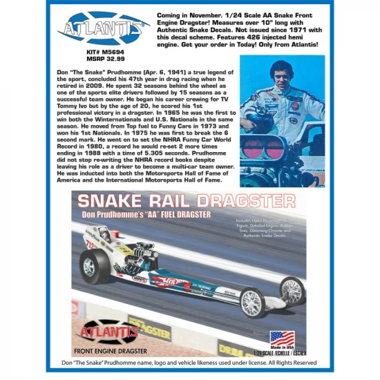 Atlantis Models Don the Snake Prudhomme Front Engine Dragster 1:24