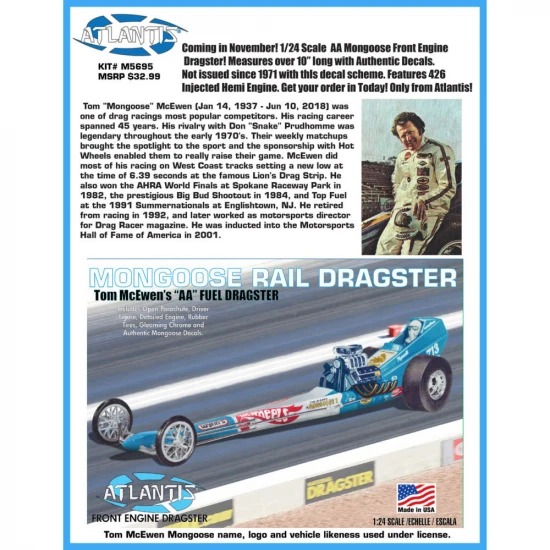 Atlantis Models Tom Mongoose McEwen Front Engine Dragster 1:24