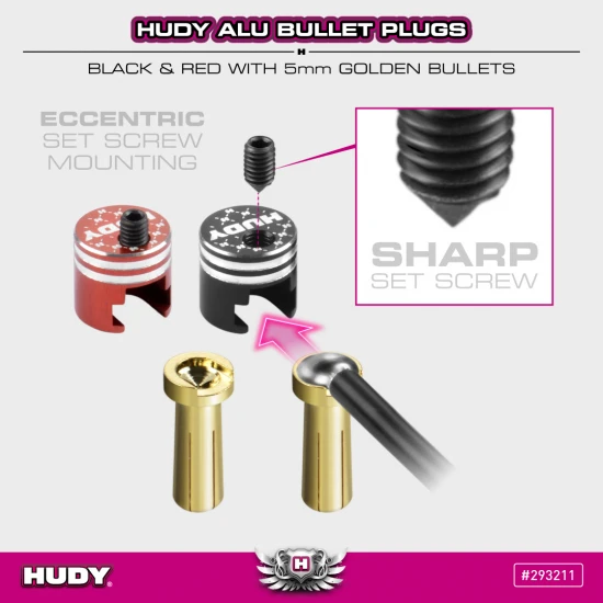 Hudy Aluminium Bullet Plug Black And Red With 5mm Golden Bullets - Set