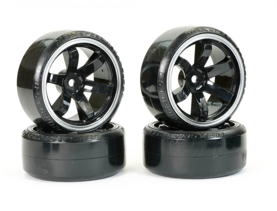 Fastrax 1:10 Street Drift Tyres Pre Mounted on 6-Spoke Black/White Wheels 12mm hex (6mm Offset) (4)