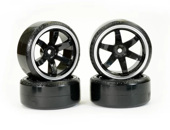 Fastrax 1:10 Street Drift Tyres Pre Mounted on 6-Spoke Black/White Wheels 12mm hex (6mm Offset) (4)