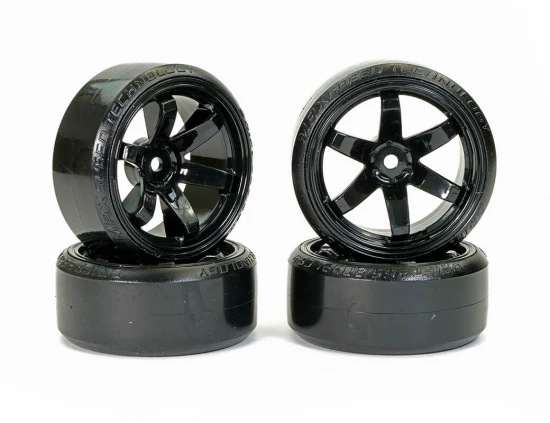 Fastrax 1:10 Street Drift Tyres Pre Mounted on 6-Spoke Black Wheels 12mm hex (6mm Offset) (4)