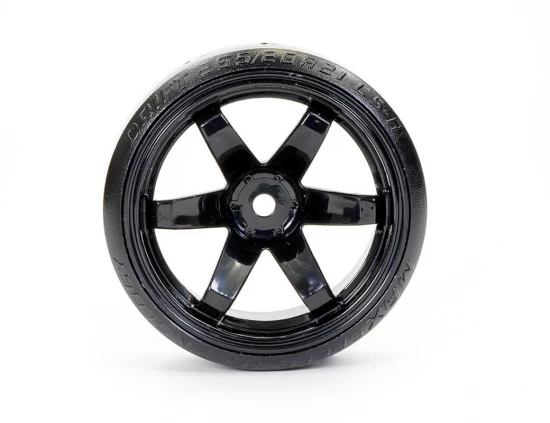 Fastrax 1:10 Street Drift Tyres Pre Mounted on 6-Spoke Black Wheels 12mm hex (6mm Offset) (4)