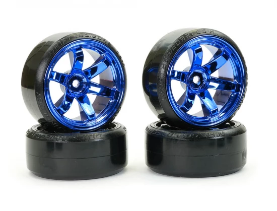 Fastrax 1:10 Street Drift Tyres Pre Mounted on 6-Spoke Blue Chrome Wheels 12mm hex (6mm Offset) (4)