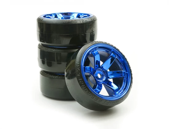 Fastrax 1:10 Street Drift Tyres Pre Mounted on 6-Spoke Blue Chrome Wheels 12mm hex (6mm Offset) (4)