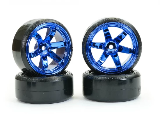 Fastrax 1:10 Street Drift Tyres Pre Mounted on 6-Spoke Blue Chrome Wheels 12mm hex (6mm Offset) (4)