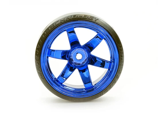 Fastrax 1:10 Street Drift Tyres Pre Mounted on 6-Spoke Blue Chrome Wheels 12mm hex (6mm Offset) (4)