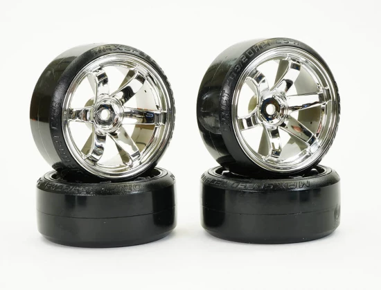 Fastrax 1:10 Street Drift Tyres Pre Mounted on 6-Spoke Chrome Wheels 12mm hex (6mm Offset) (4)