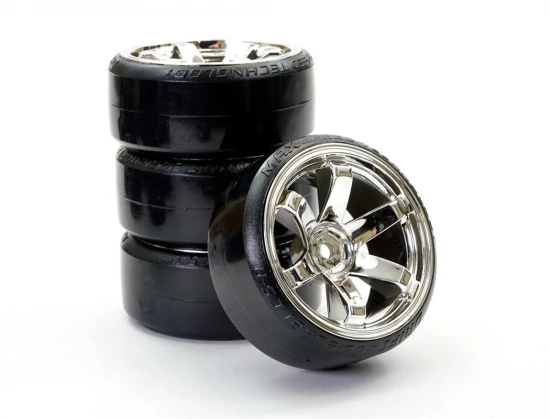 Fastrax 1:10 Street Drift Tyres Pre Mounted on 6-Spoke Chrome Wheels 12mm hex (6mm Offset) (4)