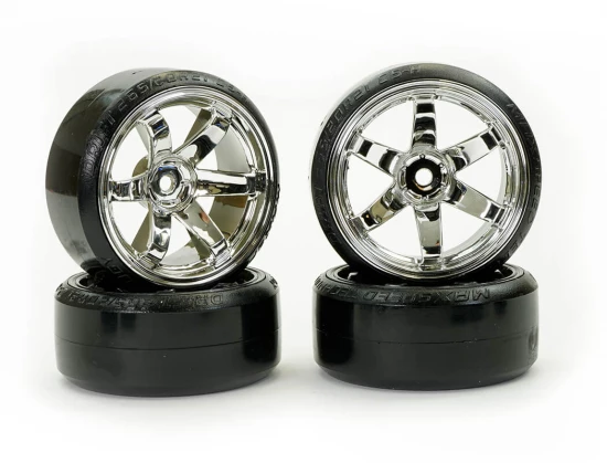 Fastrax 1:10 Street Drift Tyres Pre Mounted on 6-Spoke Chrome Wheels 12mm hex (6mm Offset) (4)
