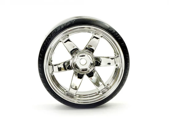 Fastrax 1:10 Street Drift Tyres Pre Mounted on 6-Spoke Chrome Wheels 12mm hex (6mm Offset) (4)