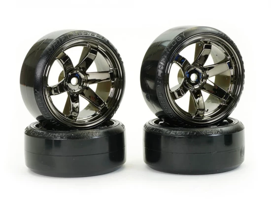 Fastrax 1:10 Street Drift Tyres Pre Mounted on 6-Spoke Grey Shadow Chrome Wheels (6mm Offset) 12mm hex (4)