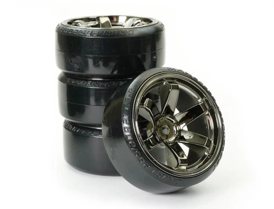 Fastrax 1:10 Street Drift Tyres Pre Mounted on 6-Spoke Grey Shadow Chrome Wheels (6mm Offset) 12mm hex (4)