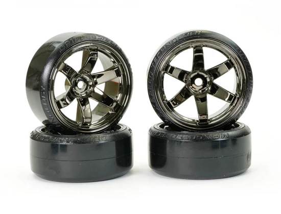 Fastrax 1:10 Street Drift Tyres Pre Mounted on 6-Spoke Grey Shadow Chrome Wheels (6mm Offset) 12mm hex (4)