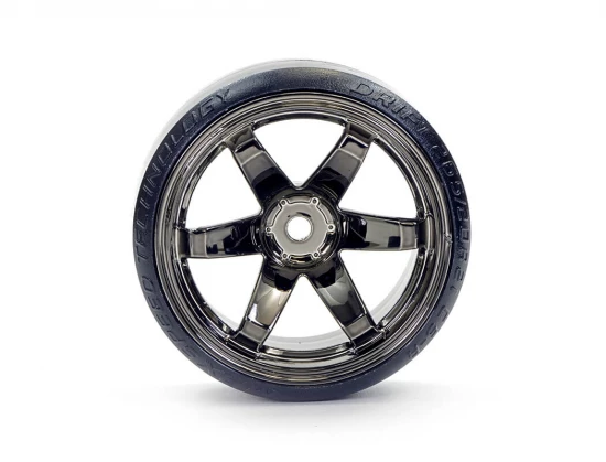 Fastrax 1:10 Street Drift Tyres Pre Mounted on 6-Spoke Grey Shadow Chrome Wheels (6mm Offset) 12mm hex (4)
