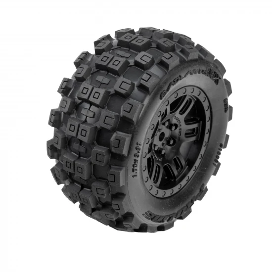 ProLine Badlands Tyres Mounted on 12mm Hex Black Split Six Wheels (2)