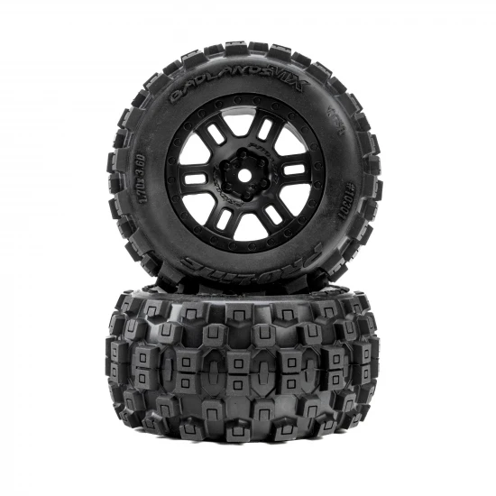 ProLine Badlands Tyres Mounted on 12mm Hex Black Split Six Wheels (2)