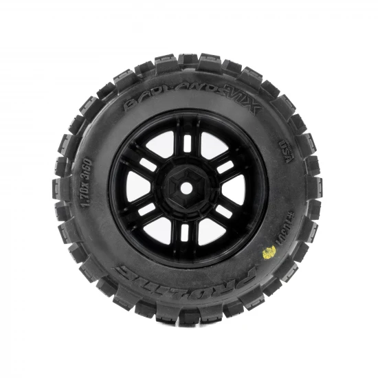 ProLine Badlands Tyres Mounted on 12mm Hex Black Split Six Wheels (2)