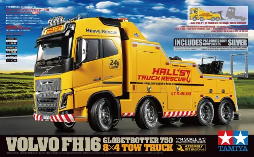 Tamiya Volvo FH16 Globetrotter 750 8x4 Tow Truck with Silver Pre-Painted Body Components
