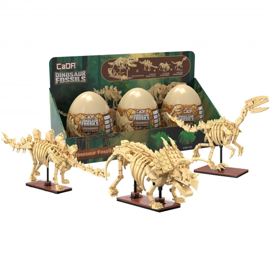 Tray of 3 Dinosaur Eggs with Stegosaurus - Triceratops & Velociraptor