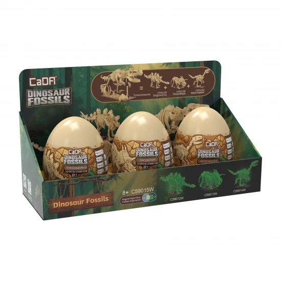 Tray of 3 Dinosaur Eggs with Stegosaurus - Triceratops & Velociraptor