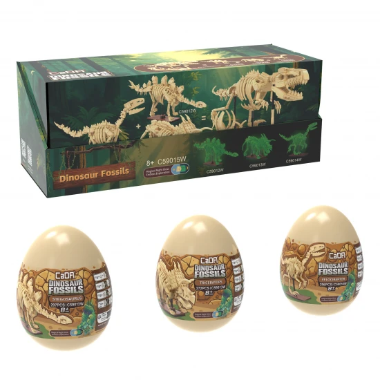 Tray of 3 Dinosaur Eggs with Stegosaurus - Triceratops & Velociraptor