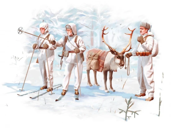 Finnish Riflemen (Winter 1940) (4 figures - 3 rifleman - 1 reindeer)