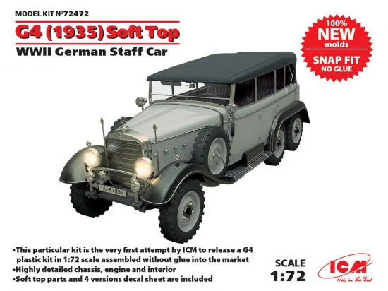 G4 (1935 production) Soft Top - WWII German Staff Car - snap fit/no glue