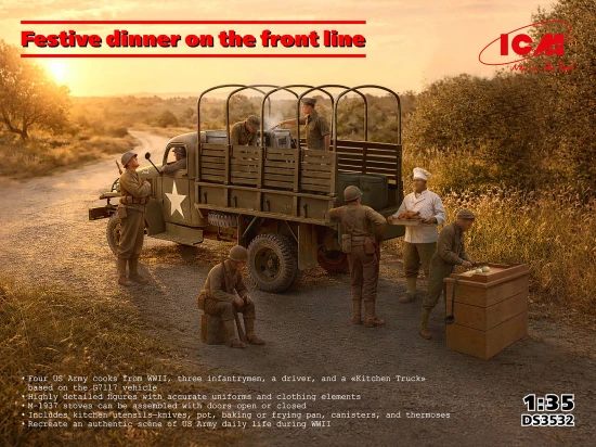 Festive dinner on the front line (WWII US Army Kitchen Truck - US Field Stove M1937 with cooks)