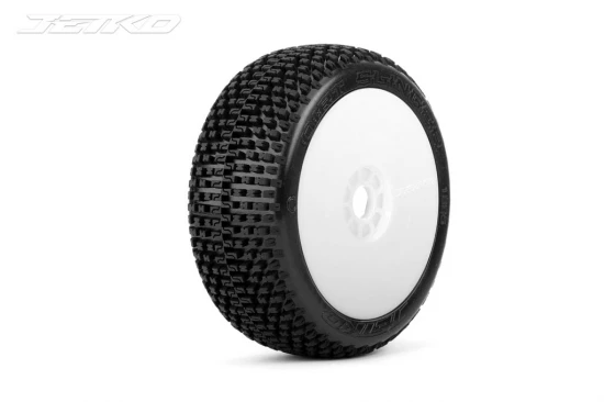 Jetko Dirt Slinger Soft 1:8 Buggy Tyres Pre Glued on White Revo Rims (2)